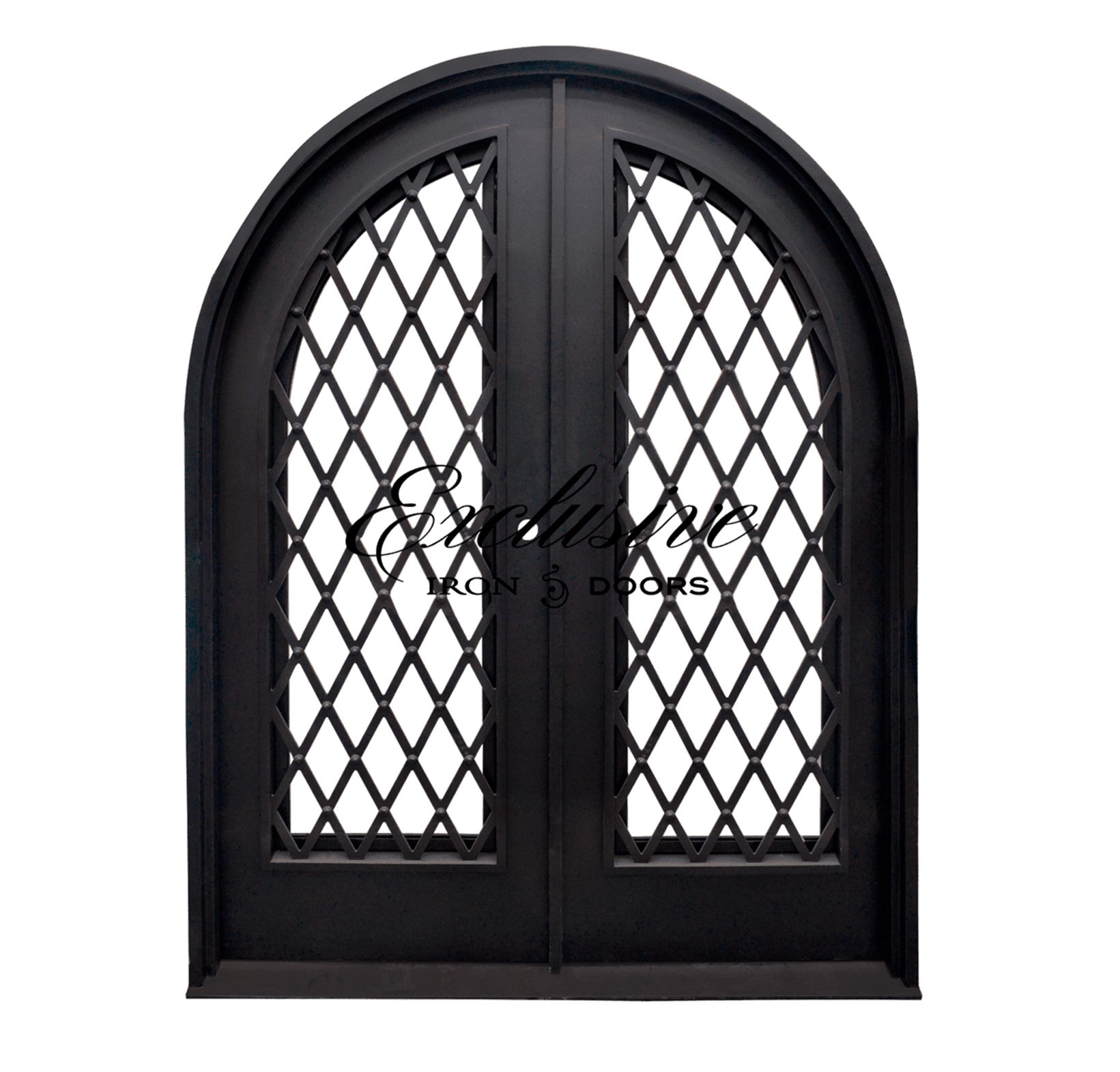 Double Wrought Iron Front Door with Arch Top and Grill Design